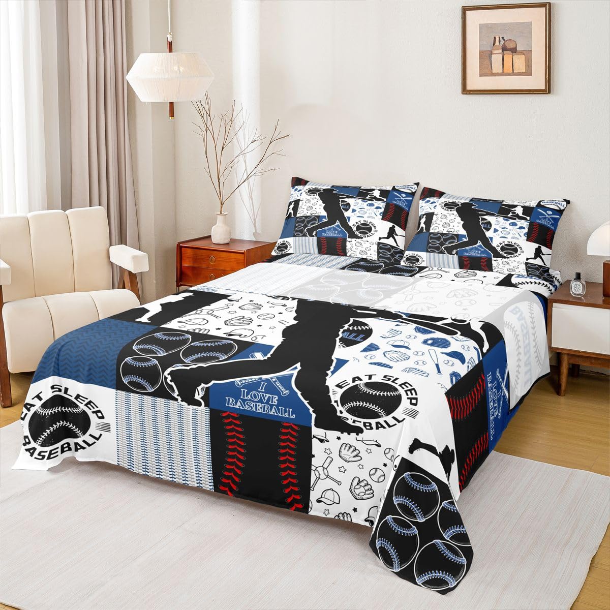 Castle Fairy Patchwork Baseball Bed Sheet Set 2 Pillowcases,Sports Geometric Grid Blue Sheets Set,Baseball Player Room Decor Sheet Sets with Deep Pocket,Top Flat Sheet,King Size