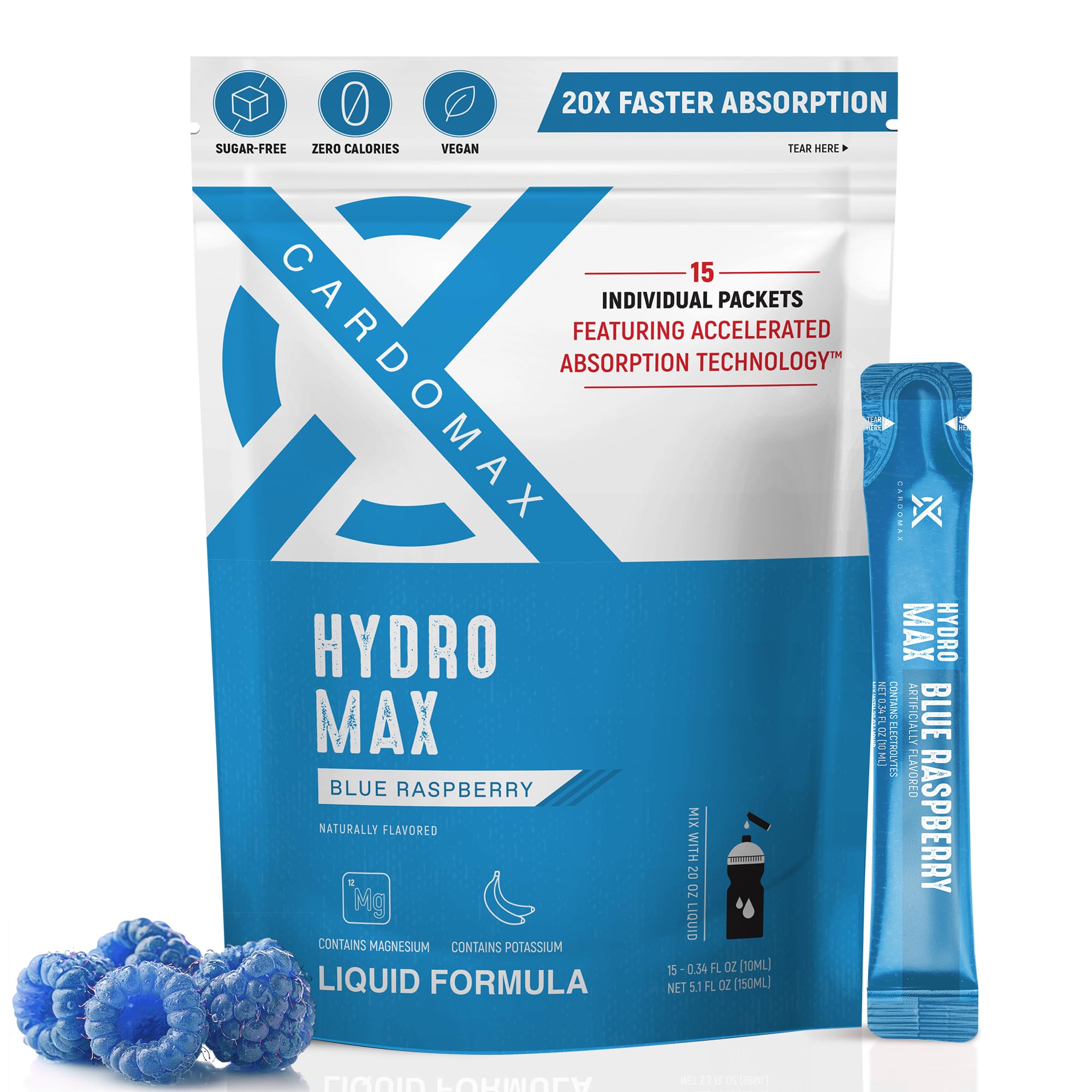 Hydration Packets - Hydromax Electrolyte Drink Mix Packets with Sodium, Magnesium, & Potassium - Vegan & Keto-Friendly, Electrolyte Drink Mix - 15 Liquid Hydration Sticks, Blue Raspberry