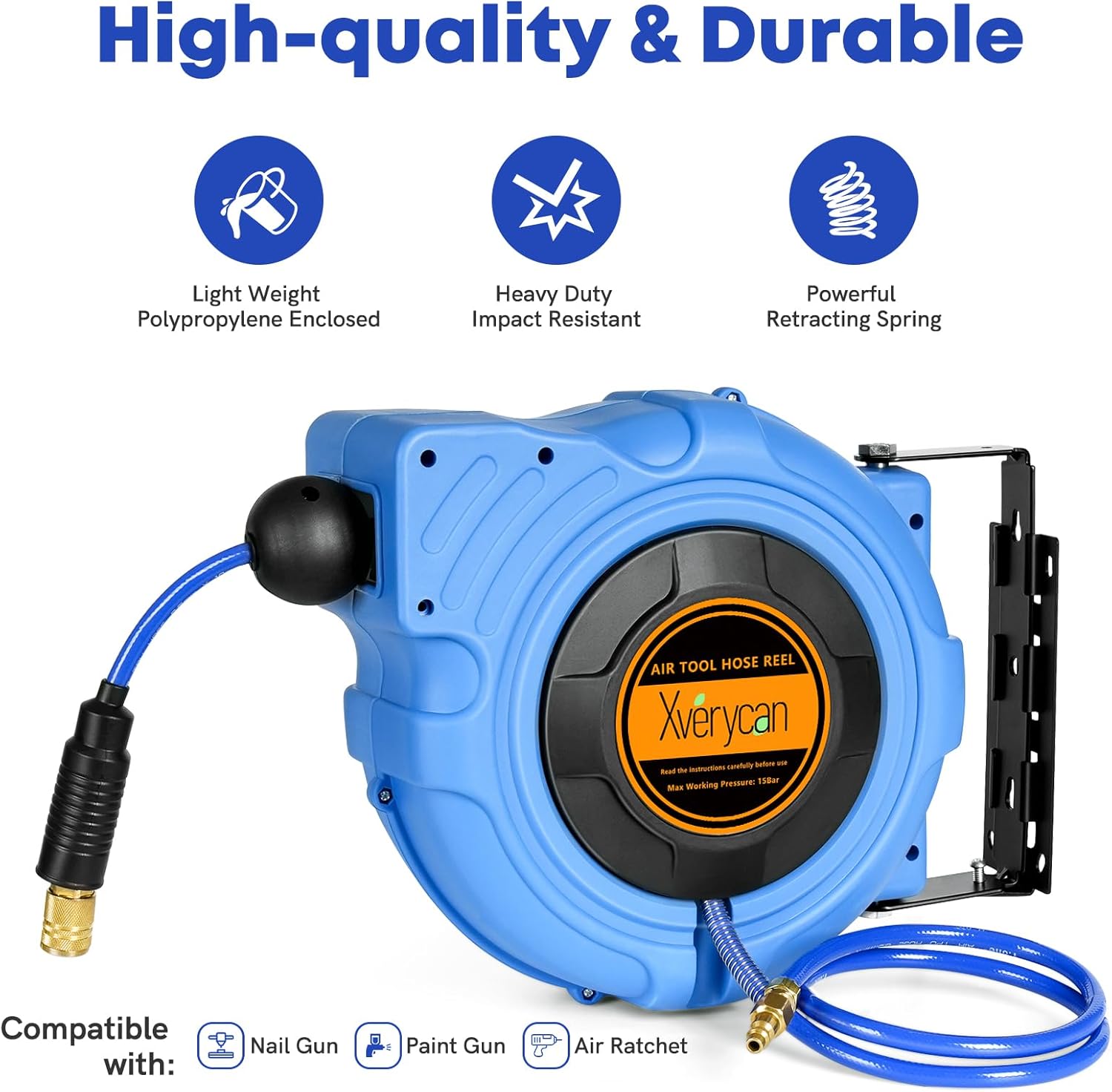 Xverycan Air Hose Reel Retractable, 3/8 in x 50 Ft Hybrid Hose Air Compression Hose Reel with 3.3 Ft Lead, Max 300 PSI, Wall Mount/Ceiling Lockable & Automatic Rewind Hose Reel with 180°Swivel Bracket