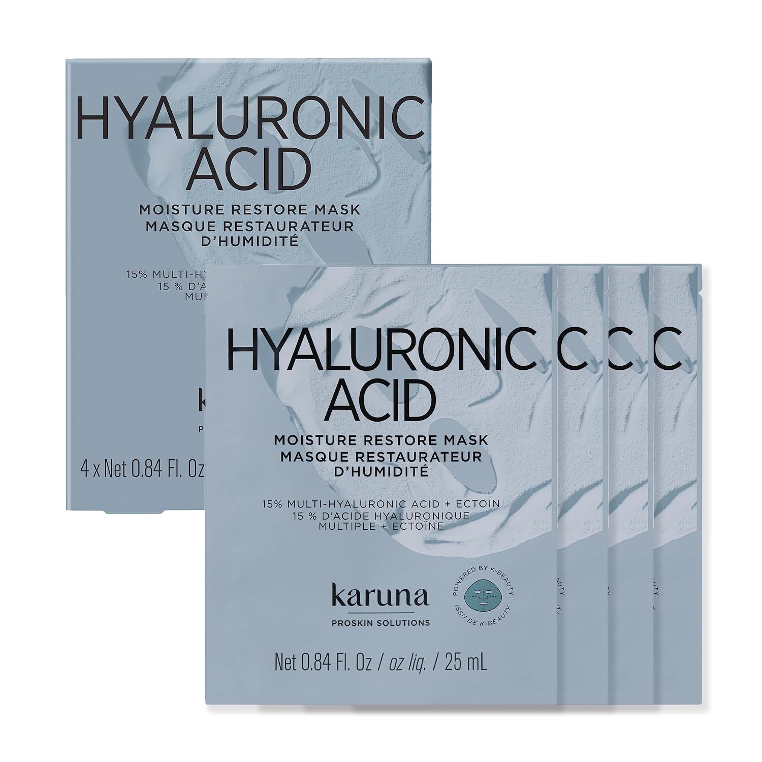Karuna Hyaluronic Acid Pro Face Mask 4-Pack - K-Beauty Hydrating Sheet Masks with 15% Multi-Hyaluronic Acid, Ectoin, 5% Niacinamide & Panthenol - Biodegradable Japanese Cotton Treatment