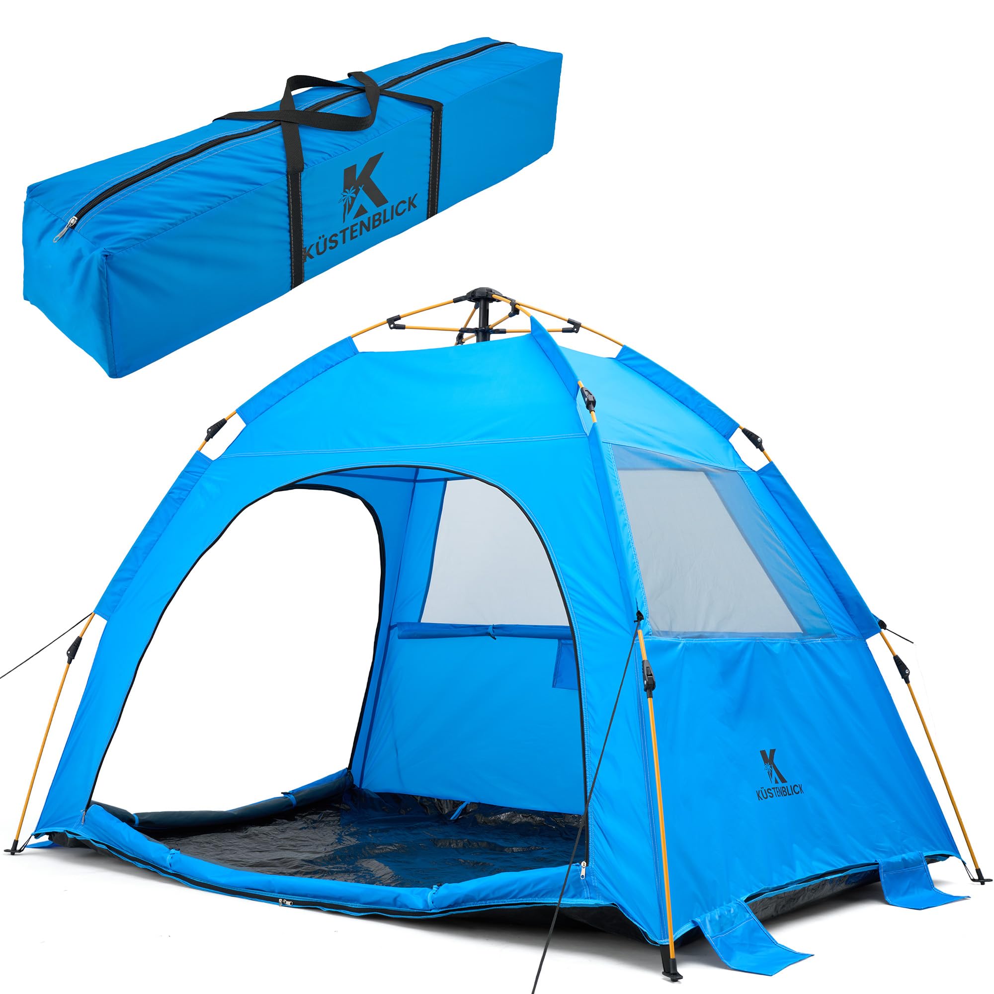 Strandmuschel für 2 Personen – UV-Schutz 50+ & abnehmbarer Boden | Quick-Up System für 10 Sek. Aufbau | Windstabil inkl. Sandtaschen, Seile, Heringe & Tragetasche, Blau