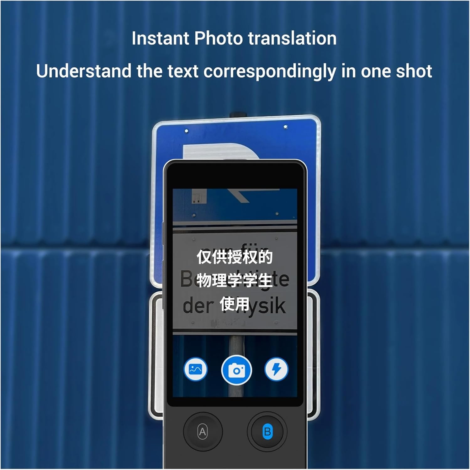W12 Language Translator Device performing instant photo translation on a road sign with foreign text