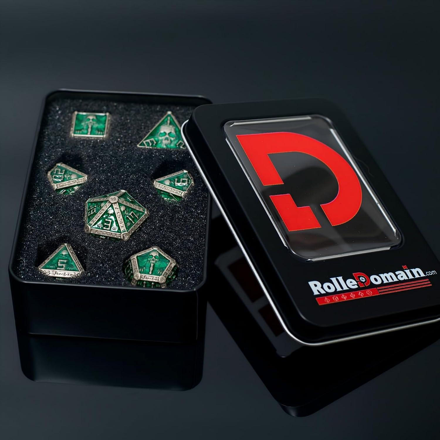 Metal DND Dice Set with A Gift Box, Gothic Skull Theme, Rune Edge Designed, for DM and D&D Player, Heavy Metal Dice Set Perfect for Dungeons and Dragons, MTG, RPG Games (Green-Ranger)