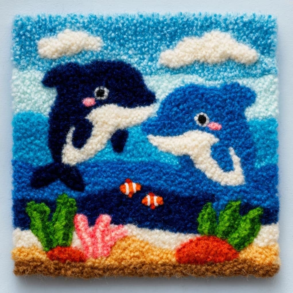 AxiangziK Handmade Latch Hook Cushion Kit 17x17 Inch,Two Dolphins