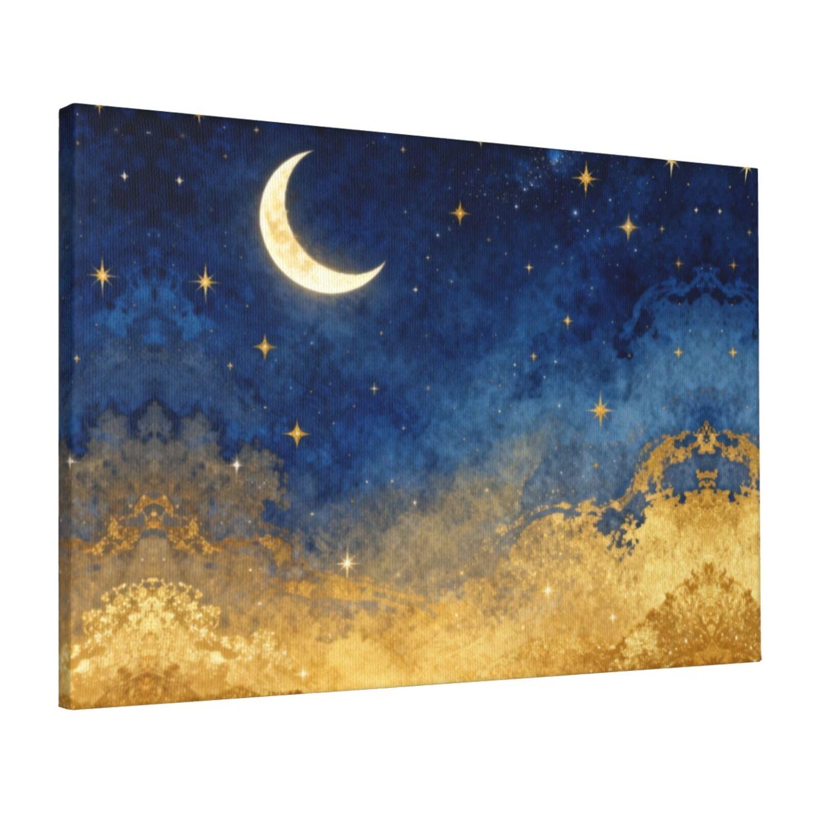 CNTDBU Crescent Moon Stars Canvas Wall Art 16x24 Inch-Large Modern Painting Print for Living Room, Framed Ready to Hang Artwork for Bedroom