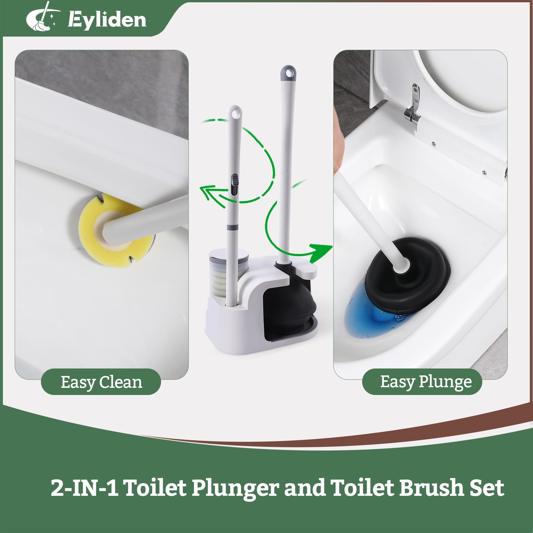 Eyliden Kit de varita de inodoro y émbolo, con 10 recambios, cepillo de inodoro desechable y émbolo con juego de soporte, cabezal de esponjas de limpieza de cambio rápido, juego de cepillos compactos
