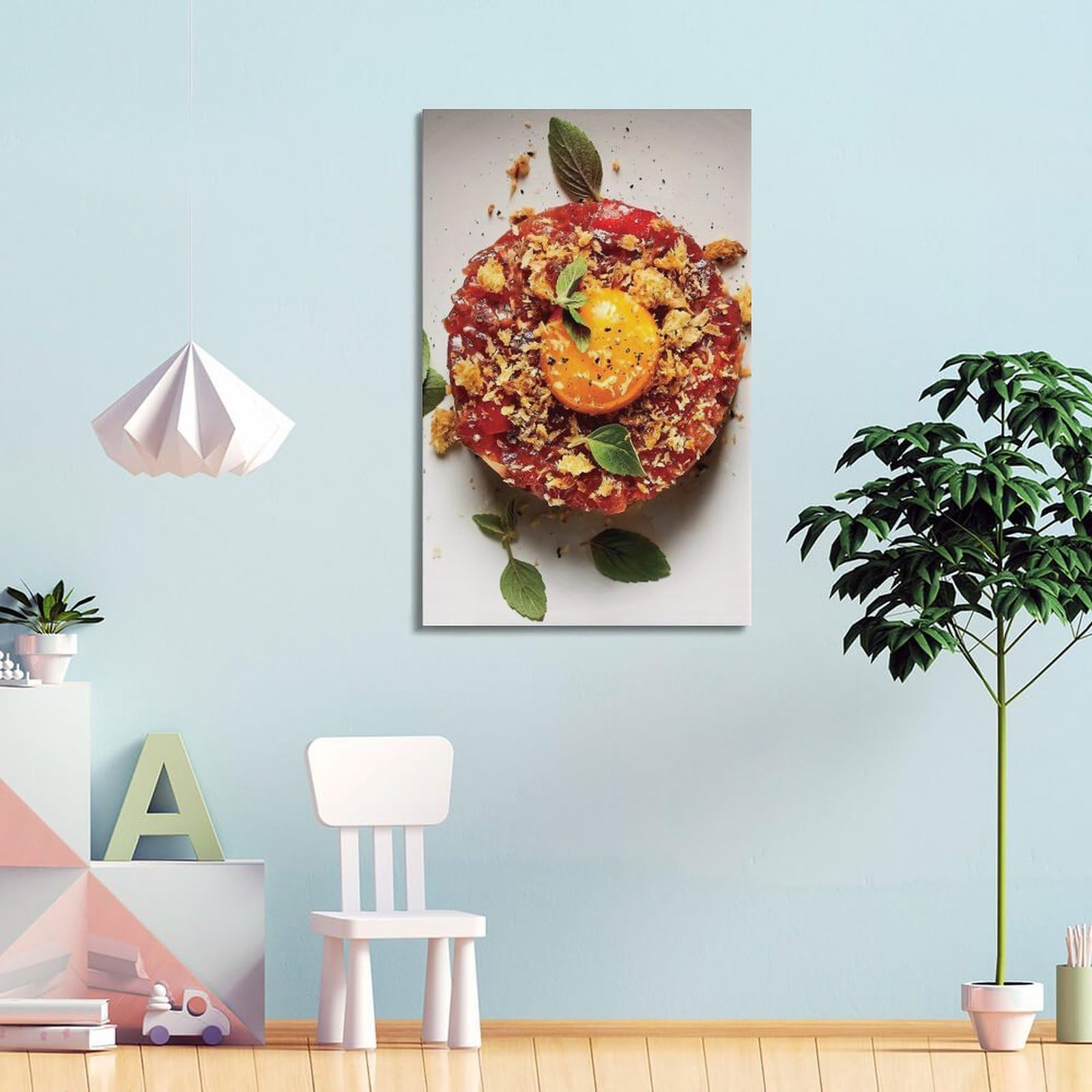 Essen-Poster im deutschen Stil, Rindfleisch-Tatar mit Croutons, dekoratives Gemälde, Leinwand, Wandposter und moderne Familienschlafzimmer-Dekoration, 60 x 90 cm