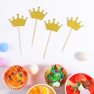 40Pcs Gold Glitter Crown Cupcake Toppers Princess Cake Picks for Birthday Wedding Party Decor Royal Theme Cake Decorations Supplies Birthday Cakes Toppers Sparkle Tinsel Food Toothpicks Drink Stirrers