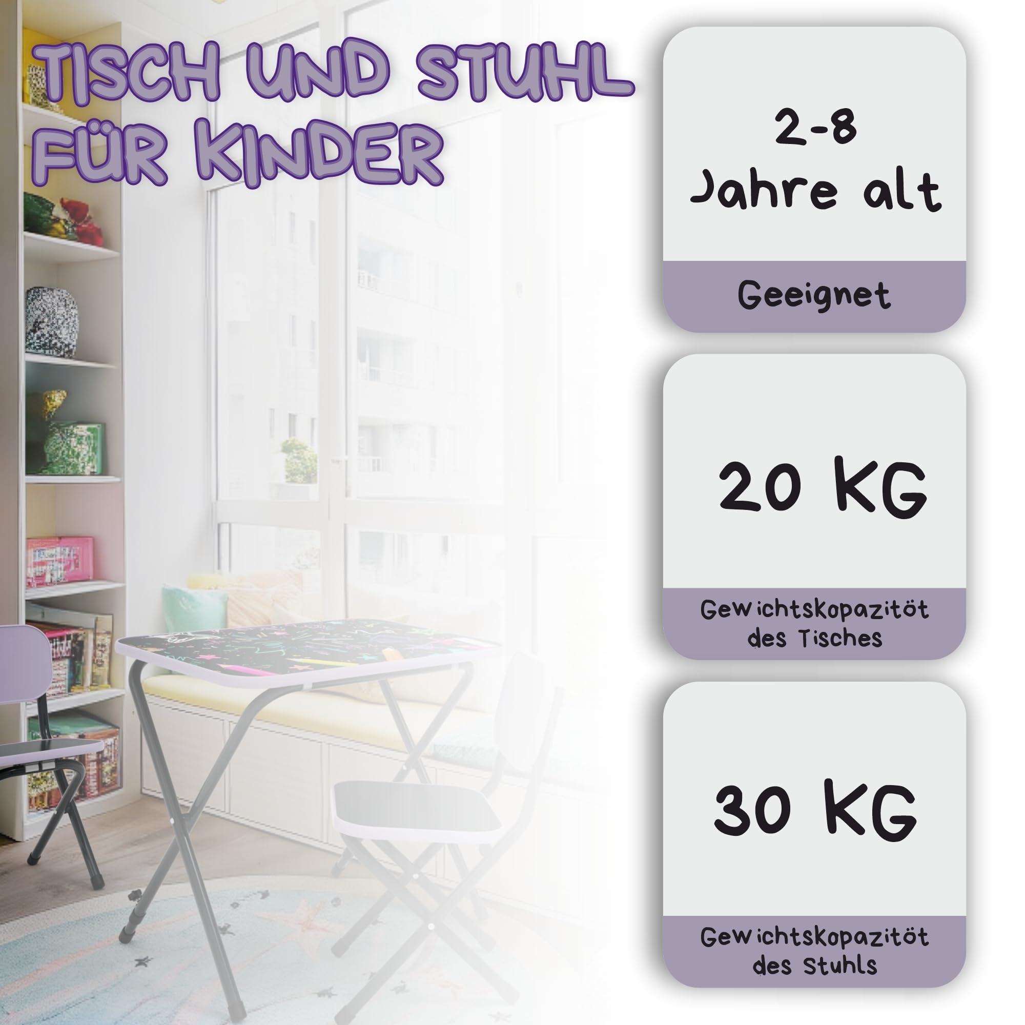 Kindertisch mit 2 Stühlen – Praktisches Spieltisch-Set für Kleinkinder – Klappbare und mitwachsende Kindersitzgruppe, Kindertisch mit verstellbarer Tischplatenneigung (Alphabet, lila)
