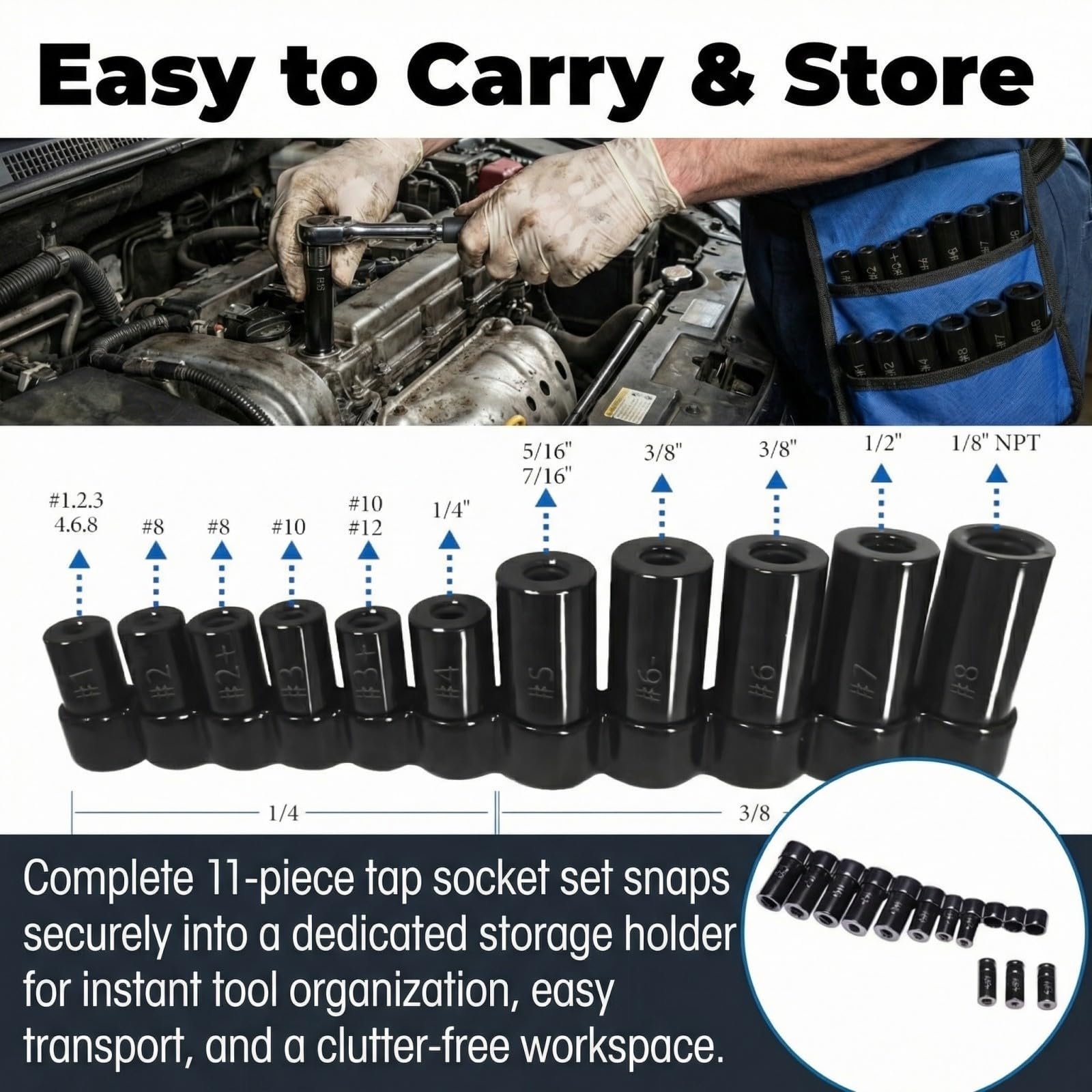 TecoTek 13-Piece Magnetic Tap Socket Set – 1/4" & 3/8" Drive Square Adapters For Ratchet, Drill & Wrench, Fits MCTI Taps Up To 1/2" & 1/8 NPT, Chrome Vanadium Steel With Mirror Polish