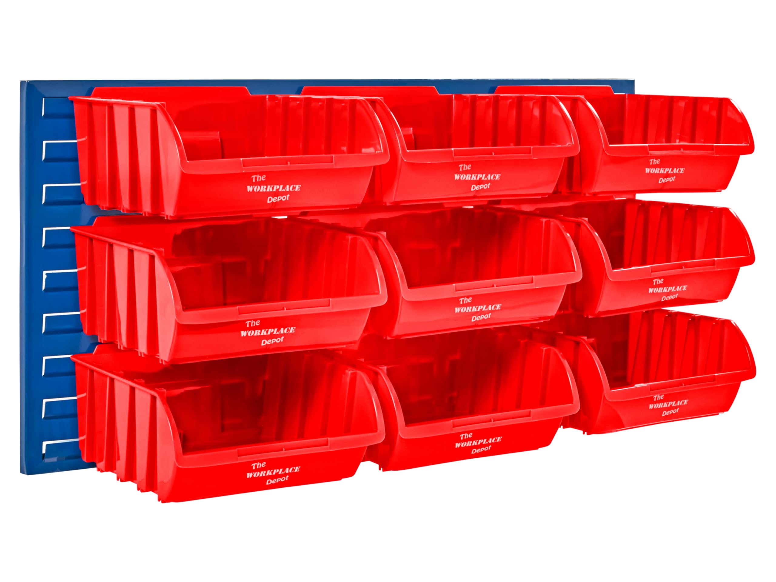The Workplace Depot Red Wall Mounted Louvre Panel Kit – Steel Storage Panel 460(H) × 995(W) With Polypropylene Bins – Ideal For Workshop, Garage & Warehouse Organisation (, With X9 Large Bins)
