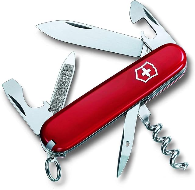 Victorinox Sportsman Swiss Army Pocket Knife, Medium, Multi Tool, 13 Functions, Large Blade, Bottle Opener, Red
