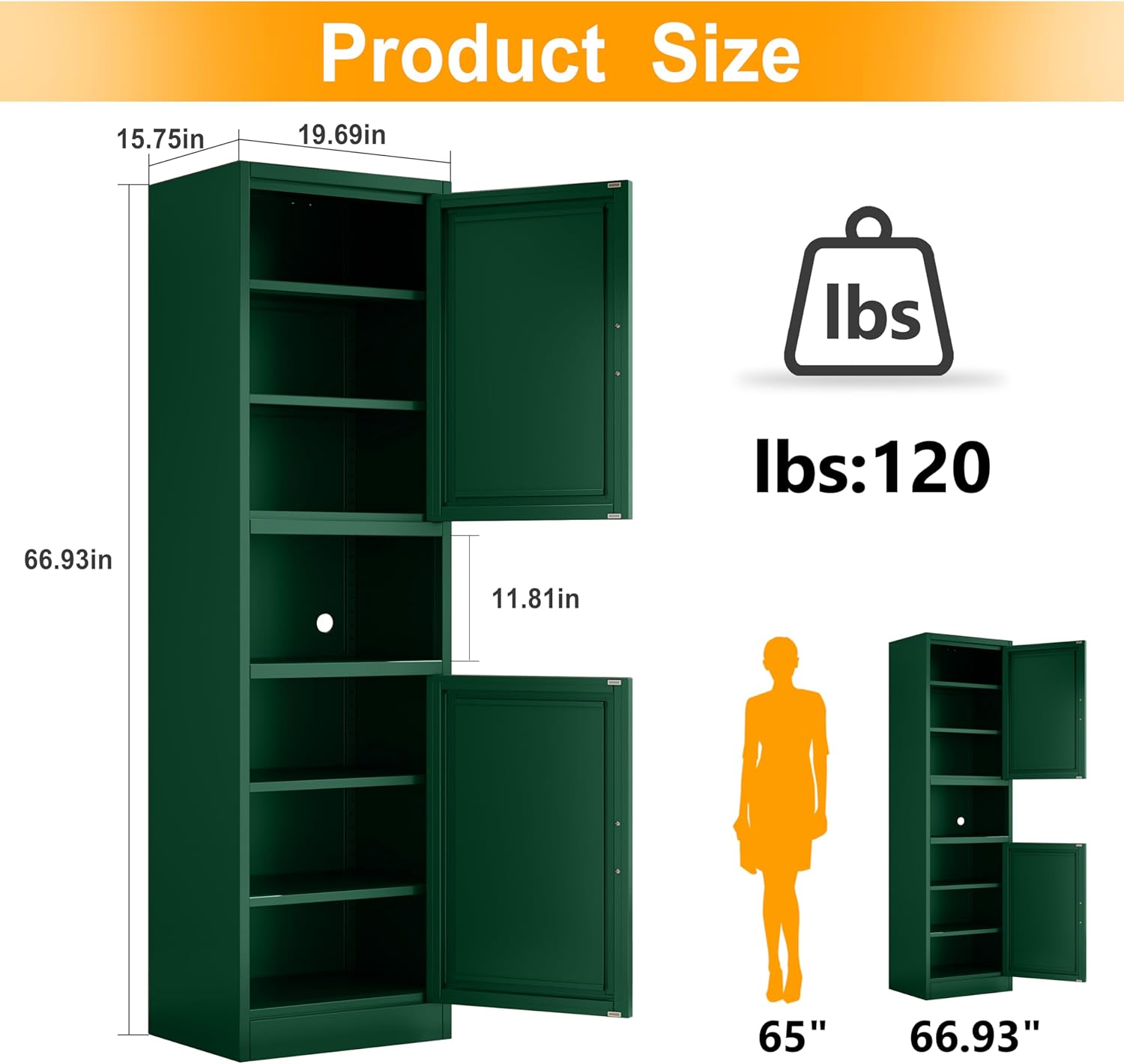 A diagram illustrating the dimensions of the Ckzbx Tall Narrow Storage Cabinet: 15.75 inches deep, 19.69 inches wide, and 66.93 inches high, with a shelf weight capacity of 120 lbs.