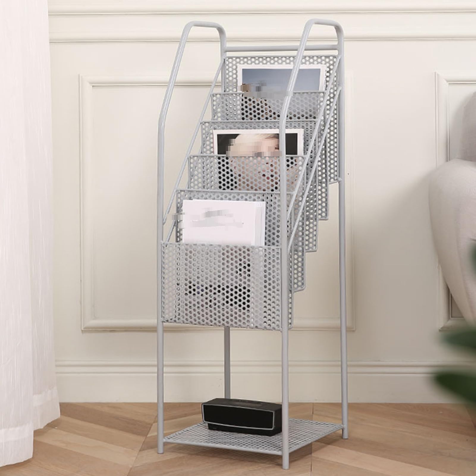 Pink Magazine Rack & Broszura Display Stand - 4 Pocket Iron Book Organizer dla gazet, komiksów i czasopism - rozwiązanie do przechowywania dużej pojemności