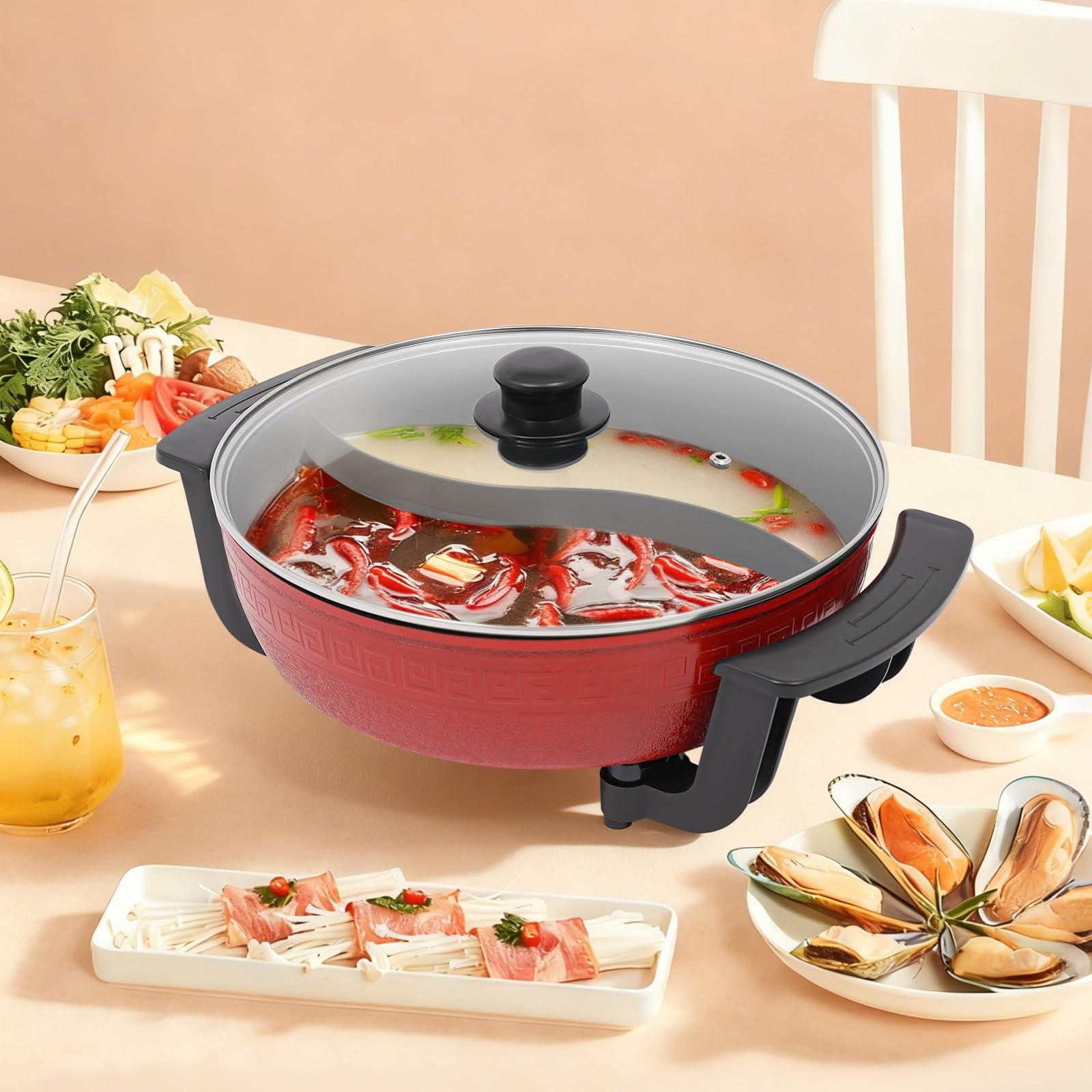 Pentola elettrica calda pentola 6L 1360W 5 livelli, cottura multifunzione friggere boil stew antiaderente, controllo della temperatura, maniglie anti-bruciore, 31 cm, cucina casa, pasto familiare