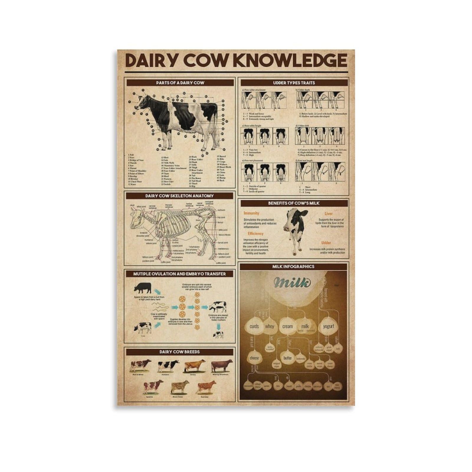 Gqvcjsw Dairy Cow Knowledge Poster Canvas Poster Wall Art Decor Print Picture Paintings For Living Room Bedroom Decoration 12X18inch(30X45cm)