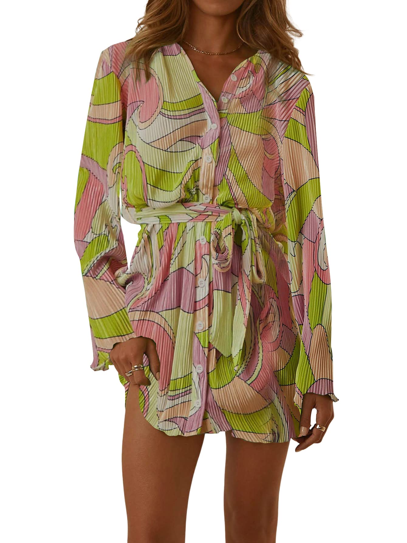 LYANERWomen's Collar V Neck Button Down Pleated Long Sleeve Mini Shirt Dress with Belt