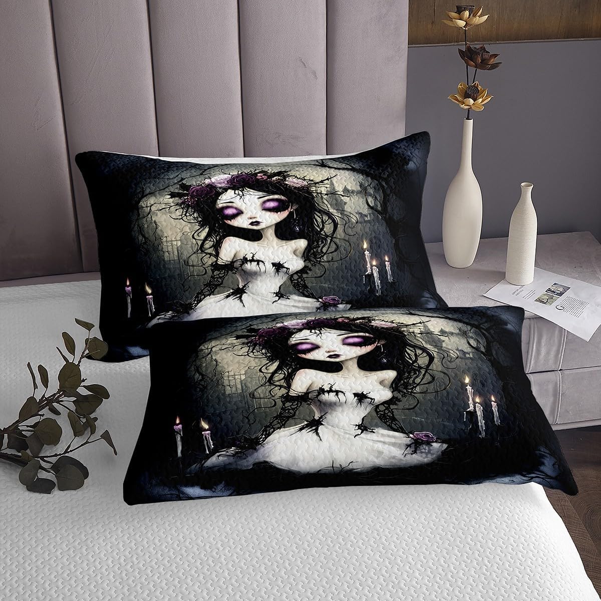 Skeleton Bride Bedding Set Queen Size,Gothic Sugar Skull Bedspread 3Pcs,Horror Style Castle Comforter Set for Kids Girls Boys Teens Room Decor,Halloween Theme Quilt Coverlet,2 Pillowcases