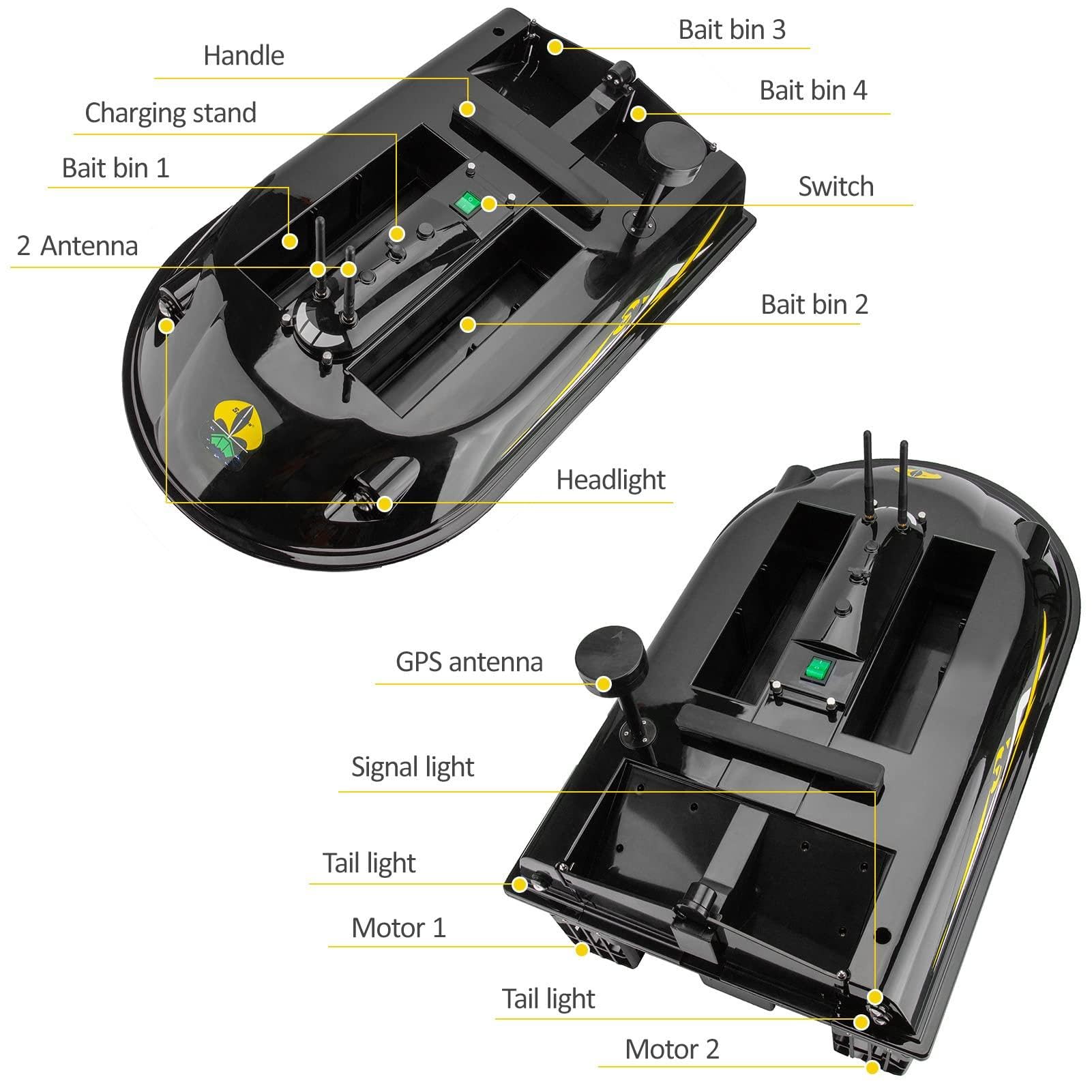 Barco de cebo GPS con control remoto antiatascos, retorno inteligente, 4 contenedores de cebo, 3 cascos, carga máxima de 8 kg, resistente al viento, motor silencioso