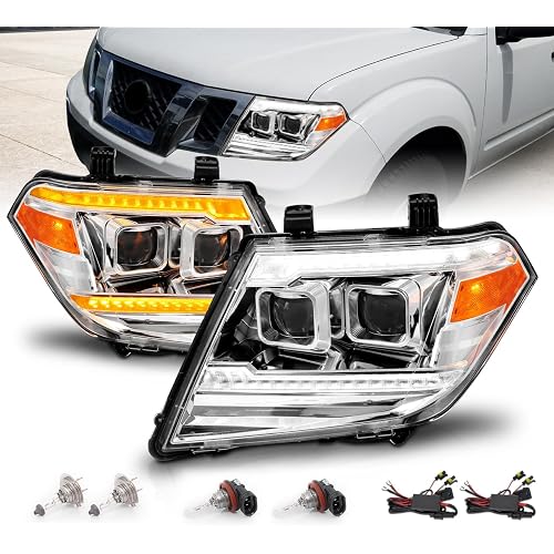 AmeriLite for 2009-2020 Nissan Frontier Pickup Truck LED DRL Tube Switchback Sequential Signal Chrome Projector Headlights Assembly Set - Passenger and Driver Side