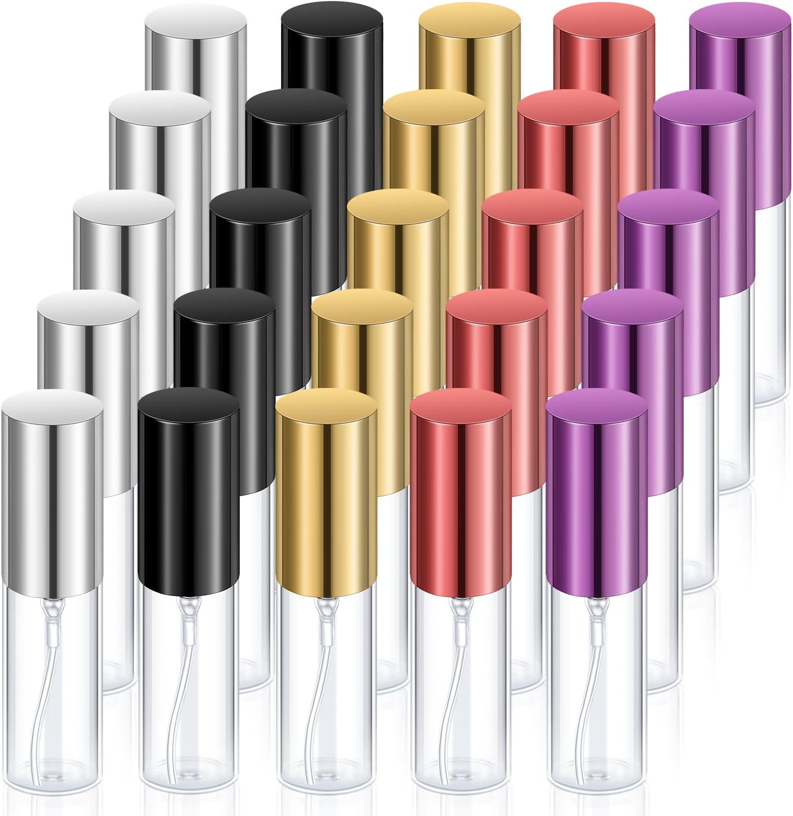 Yinder 25 Pcs 5ml Travel Spray Bottle Refillable Perfume Atomizer Bulk Glass Mini Cologne Perfume Bottles Empty Fine Mist Portable Small Sample Containers(Black, Red, Purple, Gold, Silver)