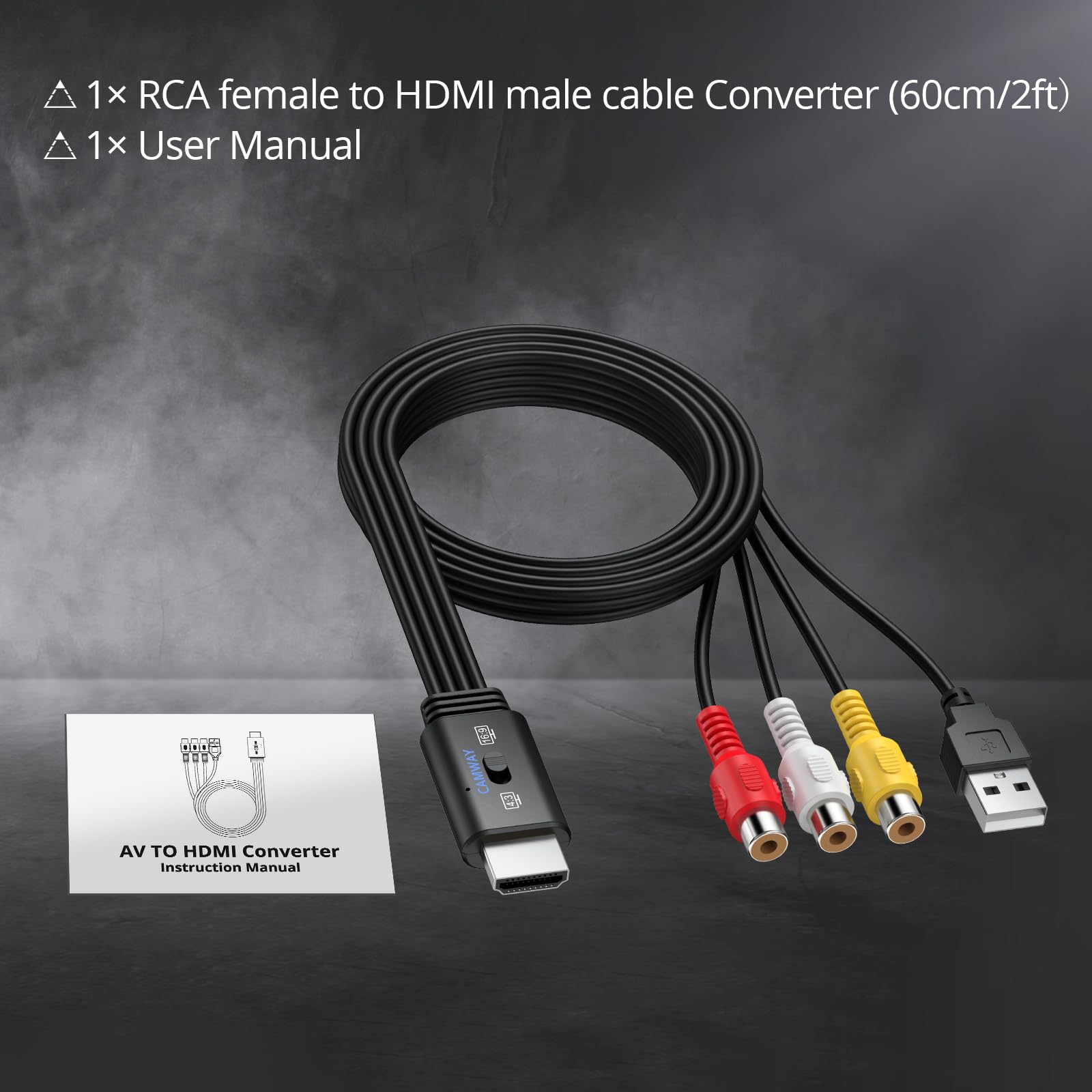 CAMWAY Konwerter RCA na HDMI, adapter audio wideo 1080P AV z przełącznikiem proporcji 4:3/16:9, kompozytowy CVBS RCA żeński na HDMI męski kabel do gier retro, PS2, N64, Wii, magnetowidu, VHS, DVD, 60