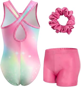 JiAmy Girls Sparkly Gymnastics Leotard Sleeveless Hollow Back Tumbling 3-12 | Sleeveless sparkly 3-piece leotard set; hollow back & gradient print; gym, dance, cheer & recital, girls 3-12Y