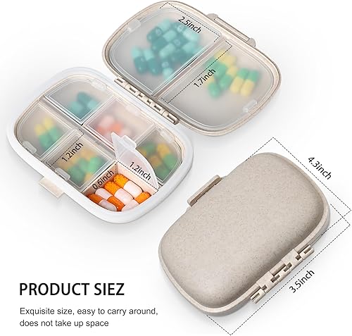 Miniatura 9 de Ouzorp Paquete de 2 pastilleros de viaje de 8 compartimentos, pastillero portátil impermeable, estuche para medicamentos, pastillero pequeño para
