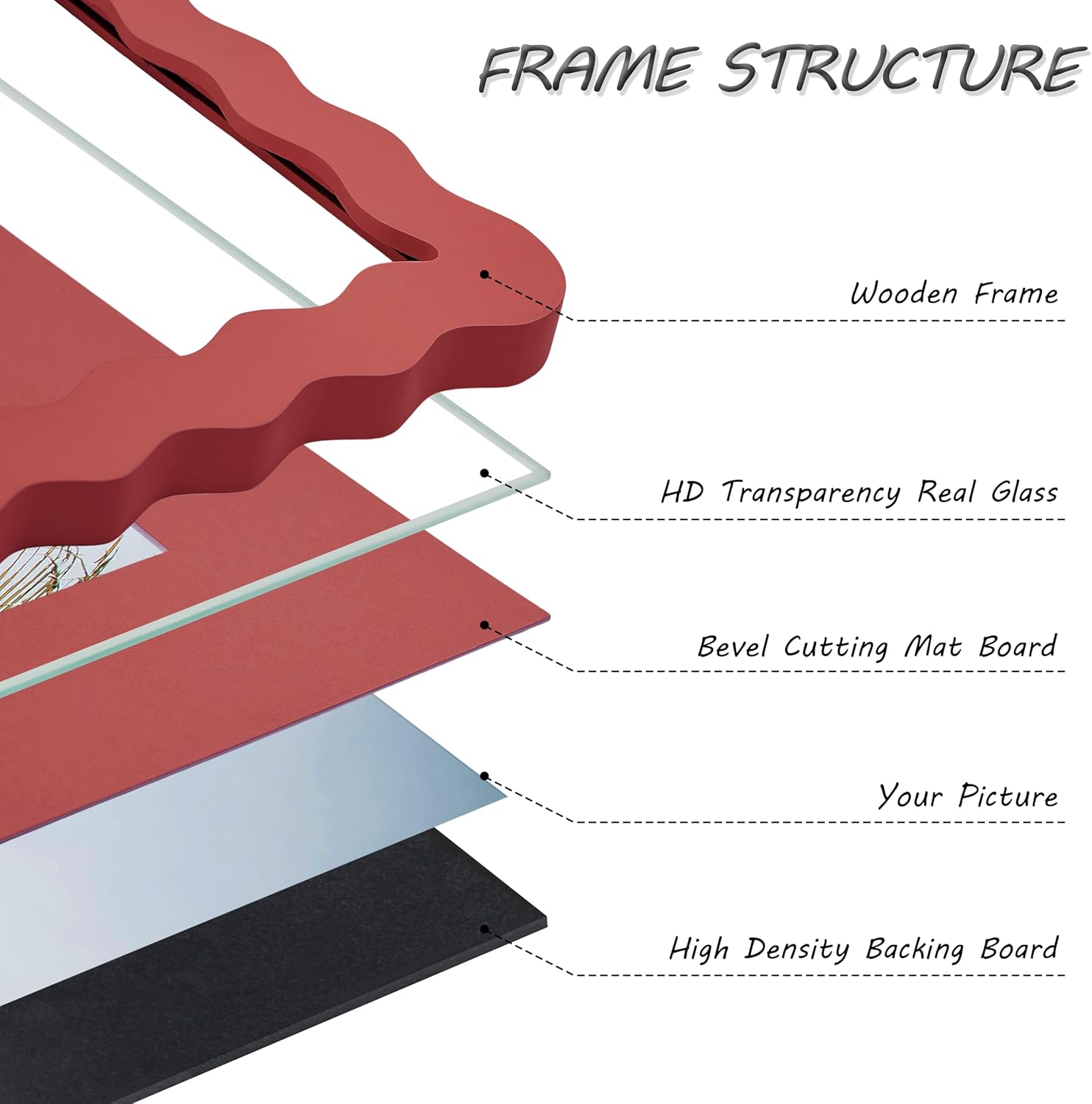 8x8 Red Picture Frame with Mat for 6x6/4x4, Curved Wavy Edge Deco Wooden Real Glass, Vertical or Horizontal Display Photo Gallery Wall & Tabletop Frame