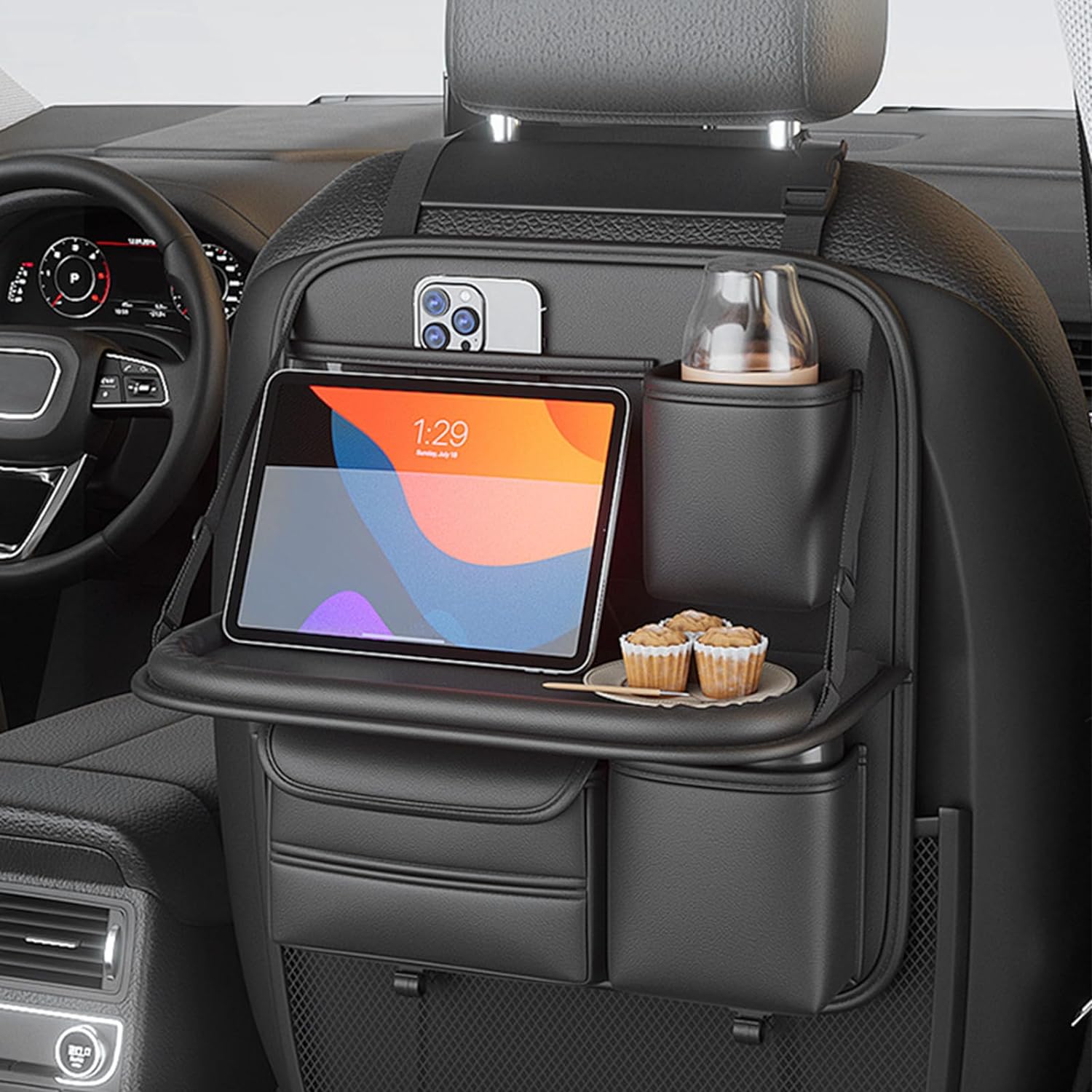 ARHAT ORGANIZERS Car Back Seat Organizer with Foldable Tray | Multipurpose Dining & Storage Solution | PU Leather Waterproof Car seat Organizer for Mobile, Tablet, Bottle, Tissue & More (Black)-image-23