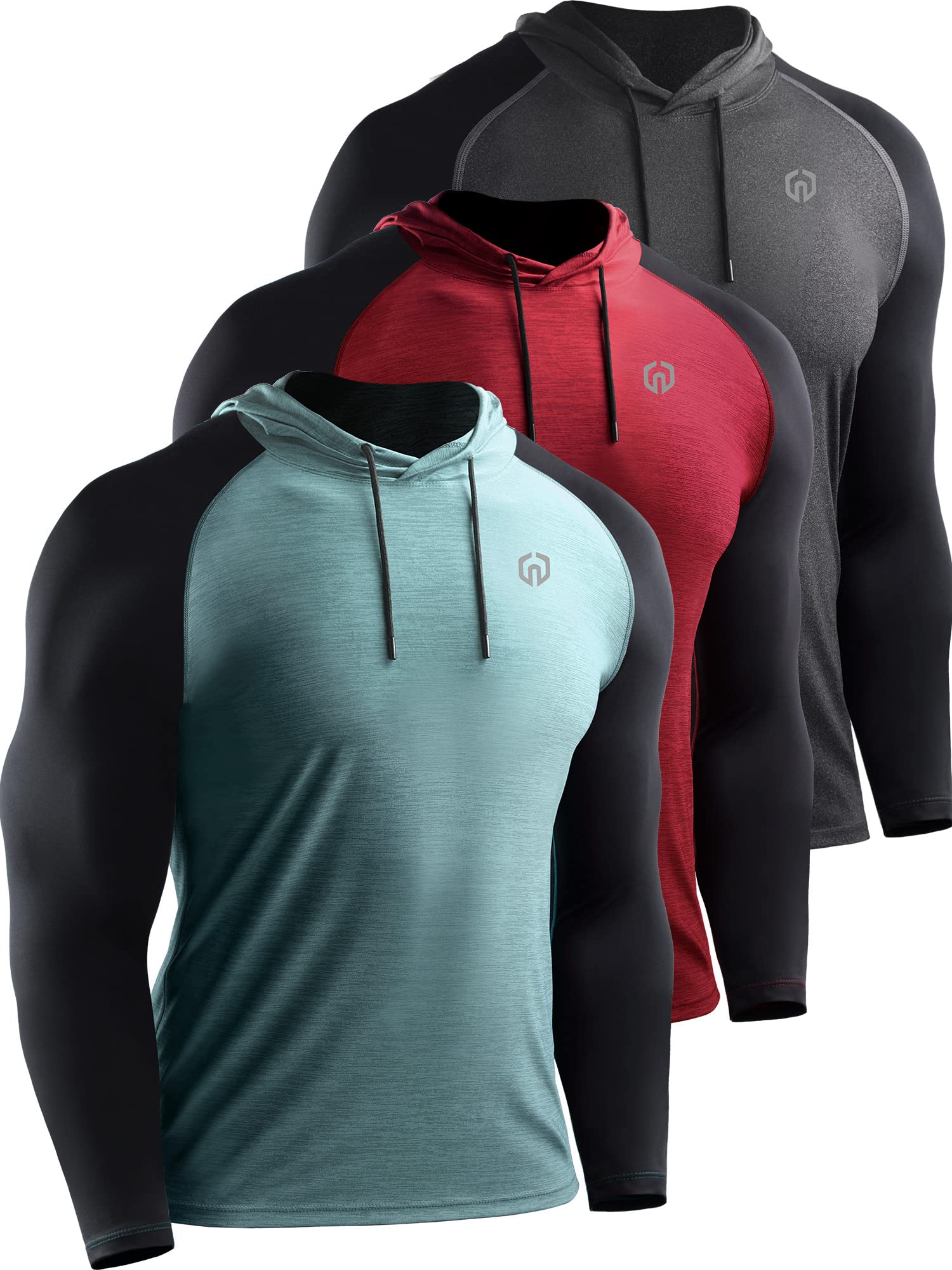 Neleus Herren Laufshirt Langarm Workout Shirts mit Kapuze, 5102 Dunkelgrau/Hellgrün/Rot, 3 Stück, X-Groß