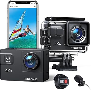 WOLFANG Caméra Sport 4K 60FPS, GA300 24MP Grand Angle Écran Tactile WiFi Caméra Étanche, Zoom 8X Stabilisateur EIS Appareil Photo (Microphone, Télécommande, 2 Piles 1350mAh et Kit d’accessoires)