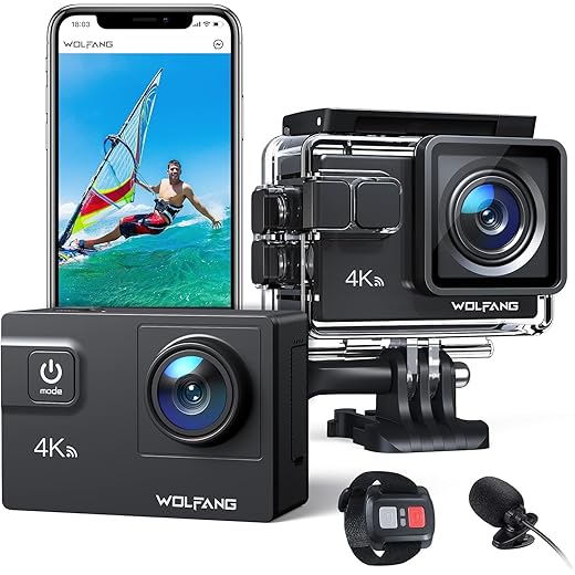 WOLFANG GA300 Actie Camera 4K 60FPS 24MP onderwatercamera wifi 40M waterdicht 2.0 EIS beeldstabilisator touchscreen helmcamera 8x zoom (externe microfoon, 2x1350mAh batterijen en accessoirekit)