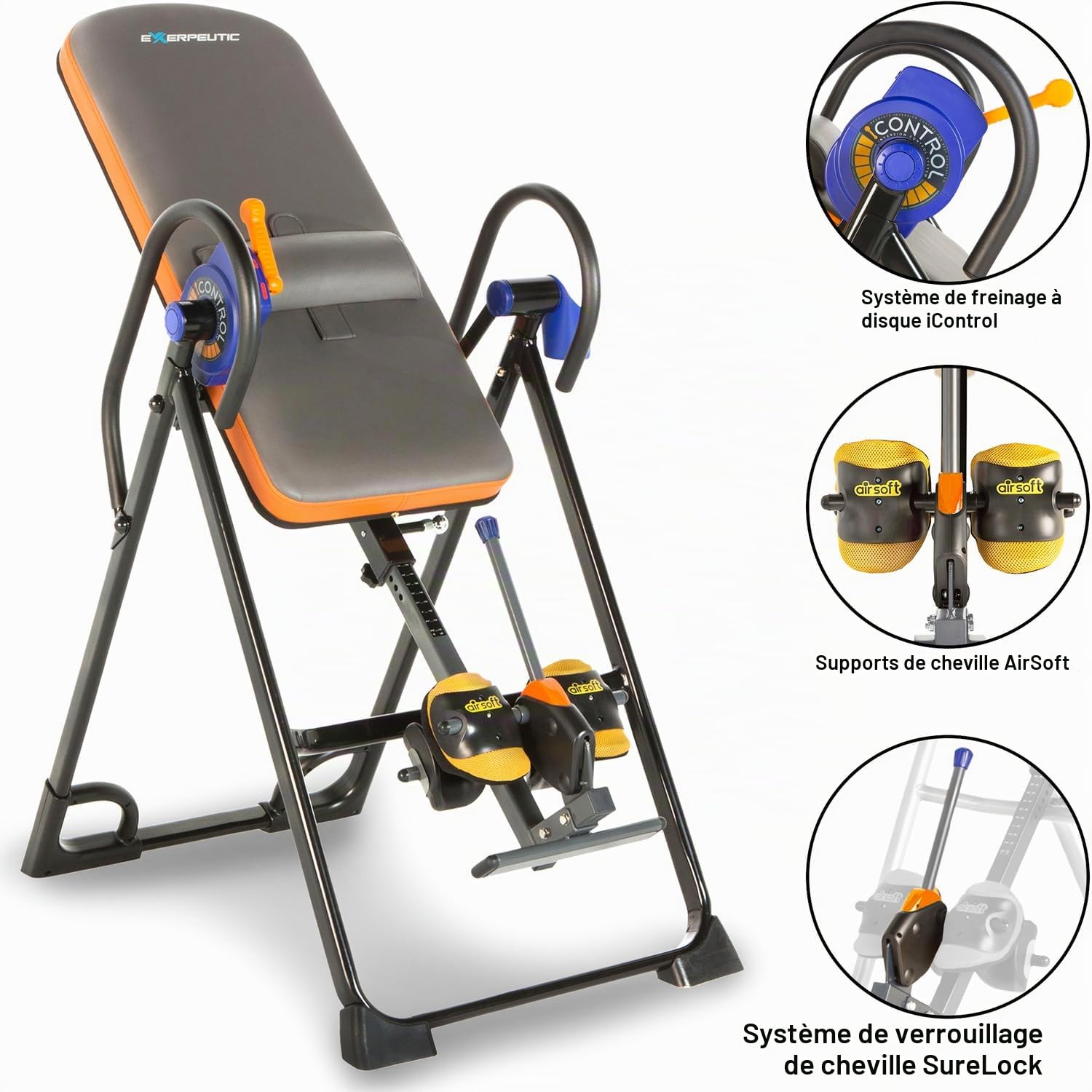 Table d'inversion Exerpeutic 975SL Tout Inclus Robuste avec Une capacité de 159 kg, Coussinets de Cheville Air Soft, systèmes Surelock et iControl