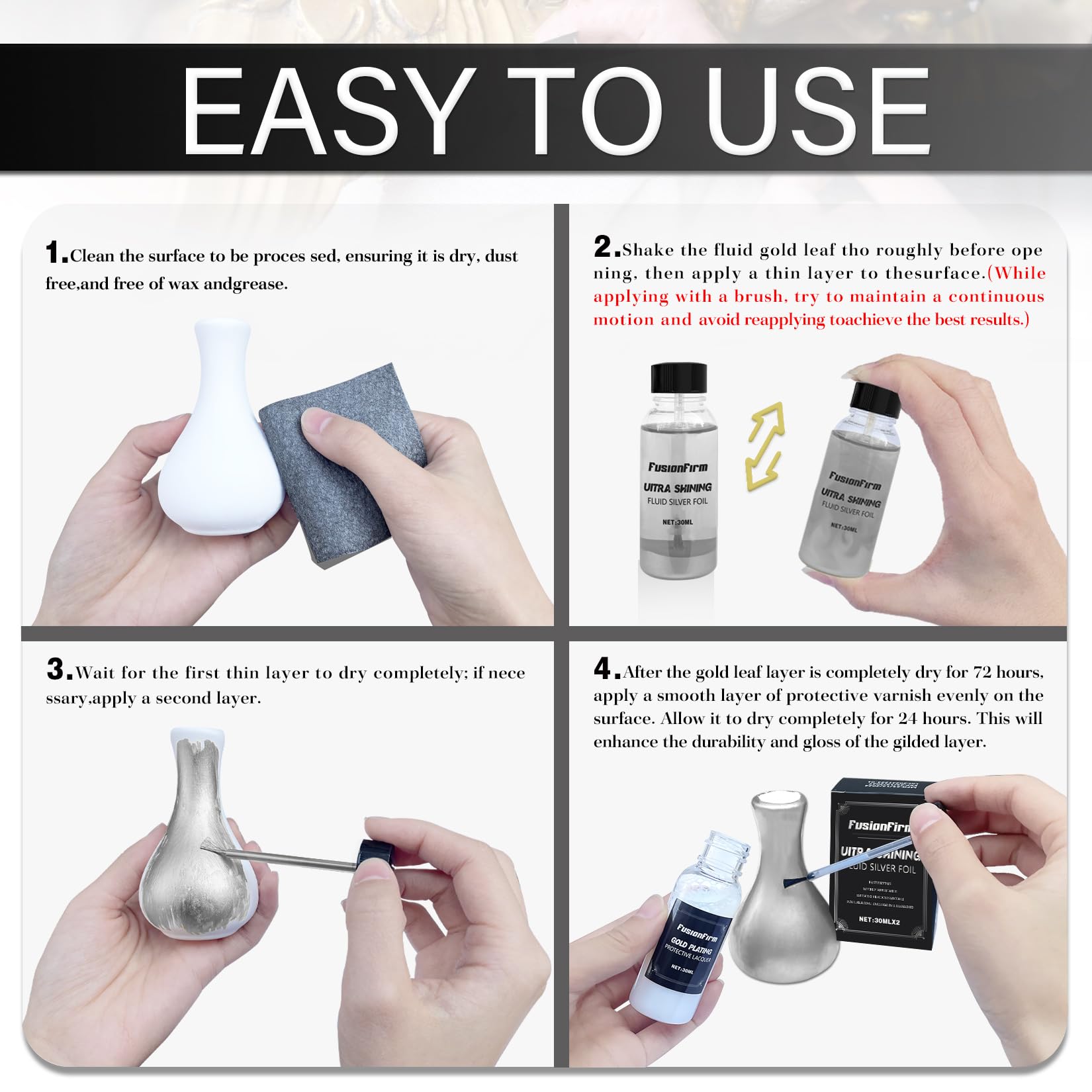 Liquid Silver Leaf Paint Kit - Alcohol-Based Quick Dry Ultra Shiny Metallic Gilding Paint for Crafts, Resin Art, DIY Decor | High Gloss Finish with Varnish | 2 x 30ml Bottles