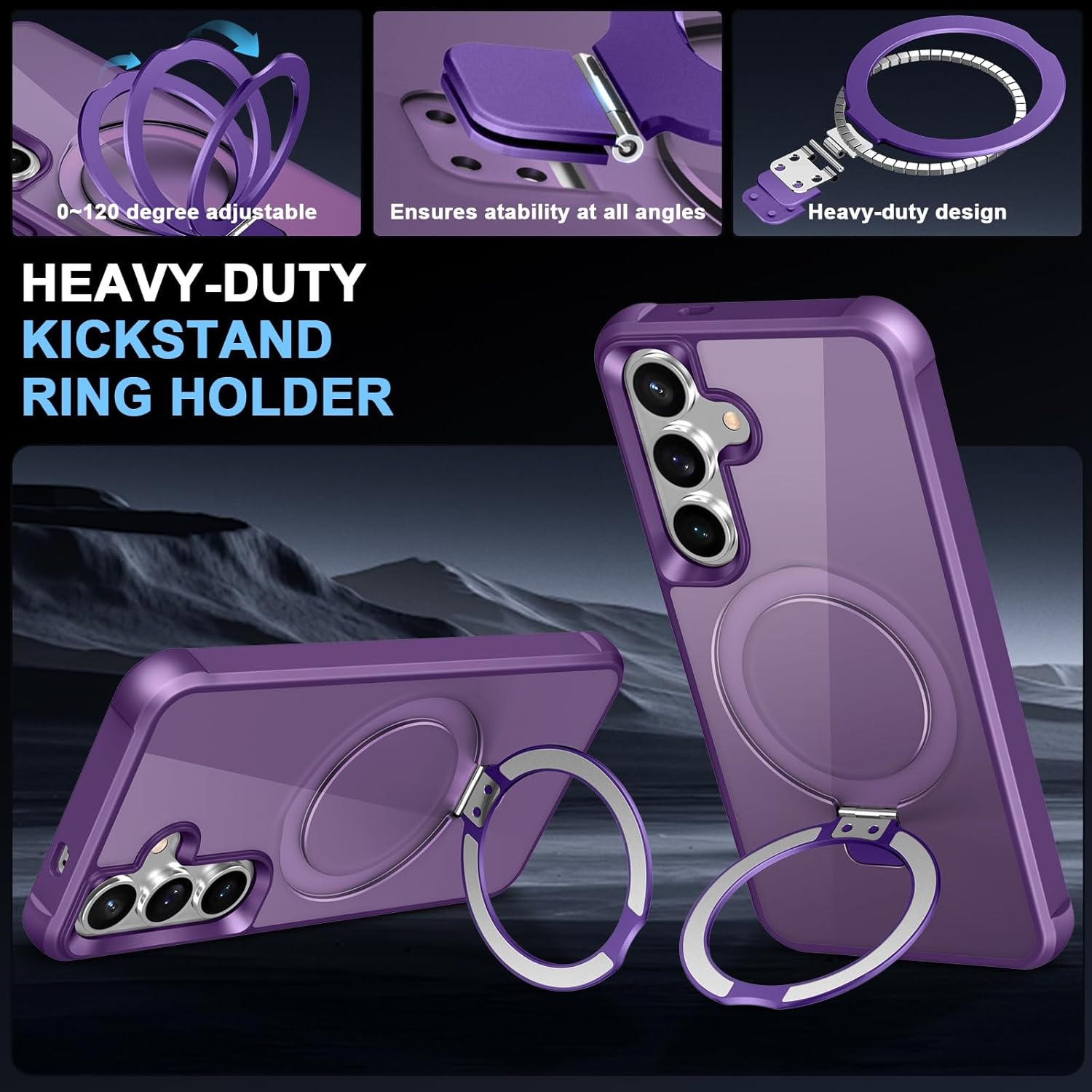 Hocase for Samsung Galaxy S25 Case, with Ring Stand [Magnetic Wireless Charging Supported] [Military Grade Protection] Slim Shockproof Translucent Protective Phone Case - Purple