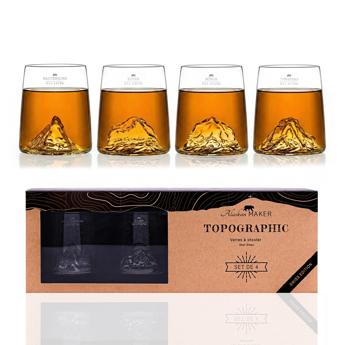 Alaskan MAKER TOPOGRAPHIC - Juego de 4 vasos de chupito de 6,5 cl de cristal de alta calidad soplados artesanalmente con montañas en relieve | Forma de tulipán | TOPOGRAPHIC (Montañas Suizas)