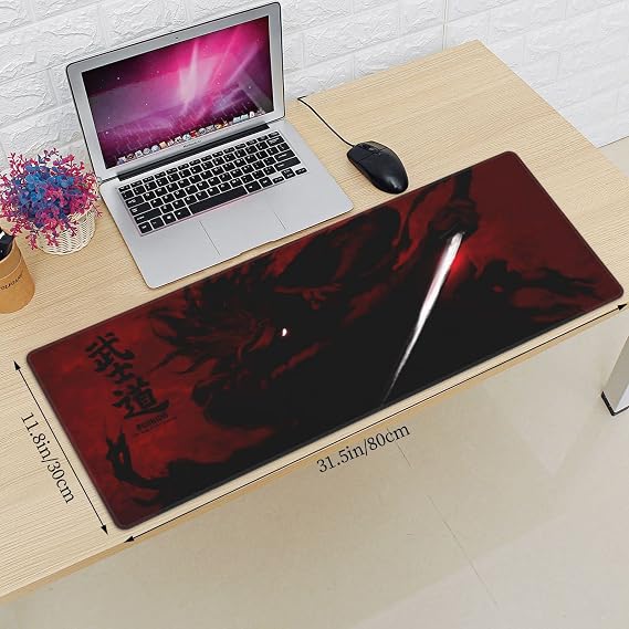Black Japanese Samurai Cool Anime Mouse Pad 11.8x31.5 in Big Extended Non-Slip Rubber Base Mousepad with Stitched Edges Gaming Pc Desktop Large Mouse Pad