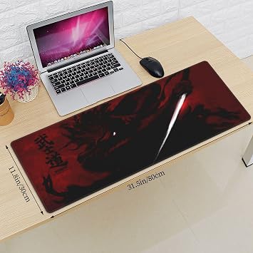 Black Japanese Samurai Cool Anime Mouse Pad 11.8x31.5 in Big Extended Non-Slip Rubber Base Mousepad with Stitched Edges Gaming Pc Desktop Large Mouse Pad
