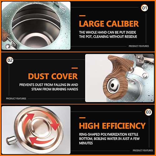 Miniatura 3 de Tetera silbante de acero inoxidable de 2 litros con mango de madera para hervir agua, café, té, leche, etc. (verde)