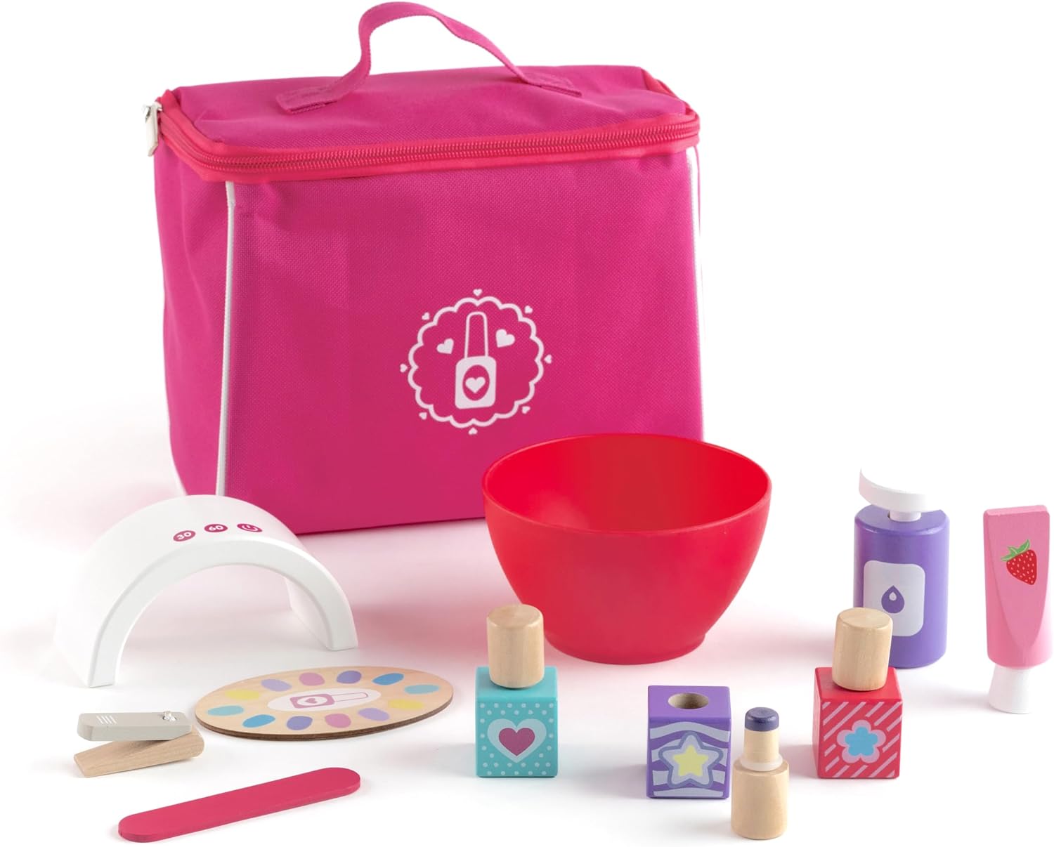 Jasey’s Toy Chest 11-Piece Wooden Little Glam Nail Studio | Pretend Beauty Salon Playset with Wooden Polish Bottles & Nail Care Accessories | Beauty Kit Toy for Children Ages 3+
