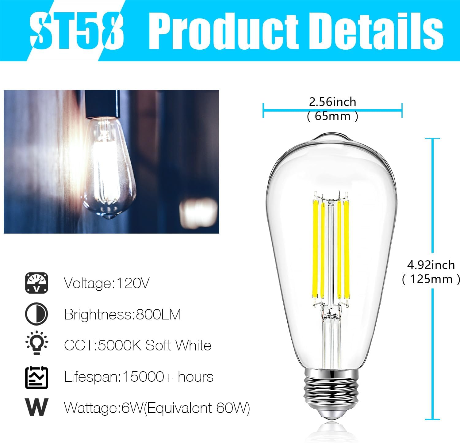 DAYBETTER Vintage LED Edison Bulbs, E26 Led Bulb 60W Equivalent, Dimmable Led Light Bulbs, High Brightness 6W 800 LM Daylight White 5000K, ST58 Antique LED Filament Bulbs, Clear Glass, 24 Pack