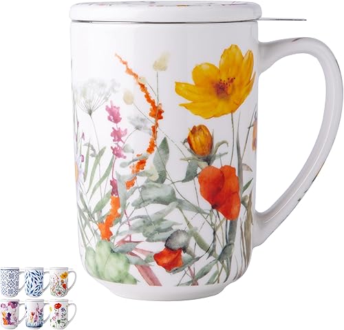 AmorArc Taza de té de porcelana con infusor y tapas, colador de taza de té de 18 onzas con soporte para bolsa de té para té de hojas sueltas, taza