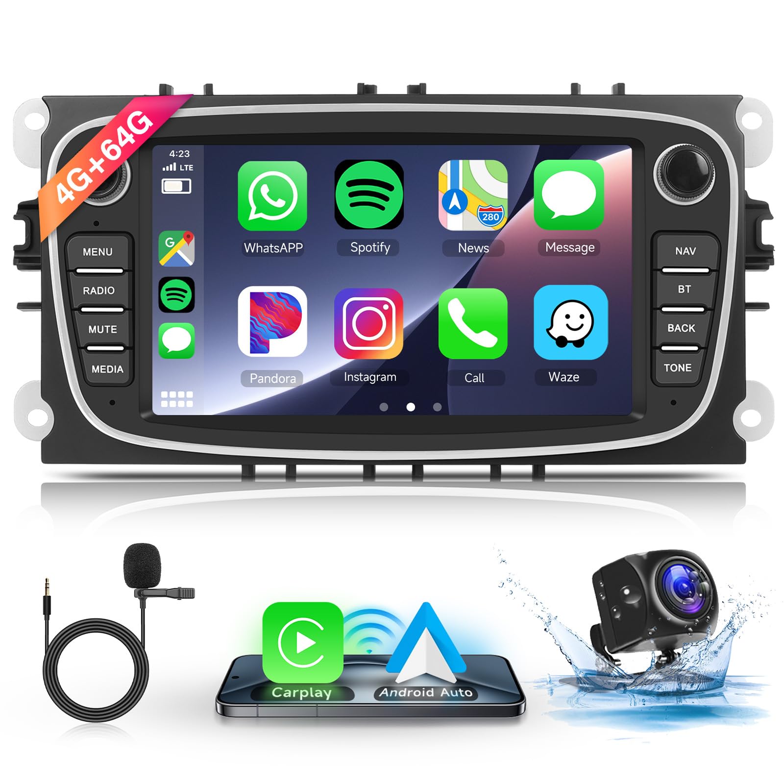Hodozzy Estéreo de coche 4G+64G para Ford Focus S-Max Mondeo Galaxy C-Max Kuga, radio de coche Android con Carplay inalámbrico Android Auto, pantalla táctil de 7 pulgadas con GPS Wifi Bluetooth FM/RDS