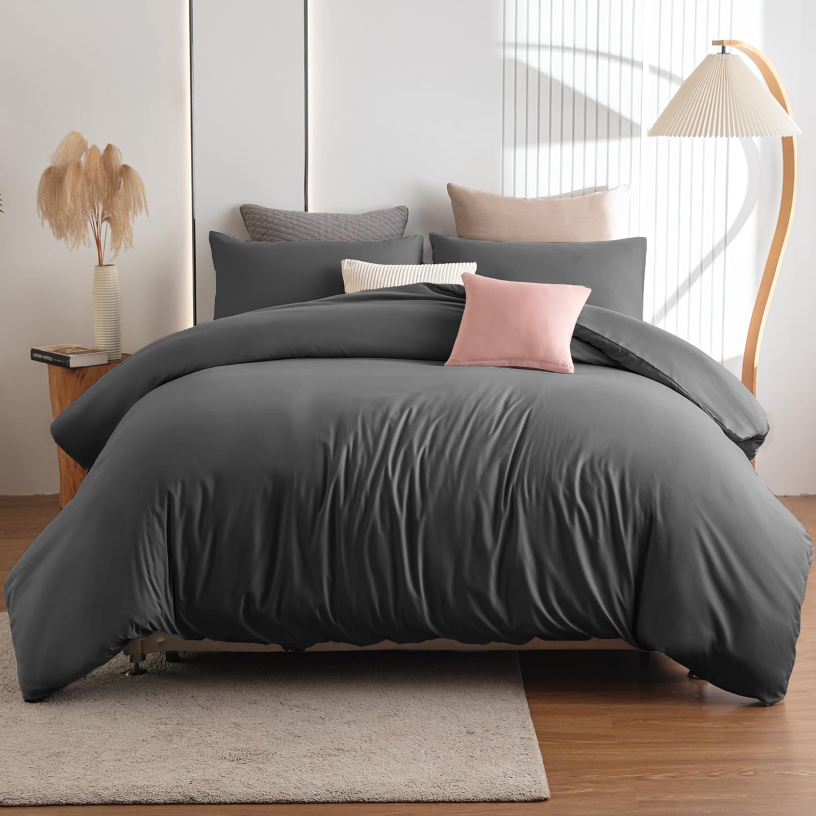 Soifox Parure de lit 220 x 240 cm, anthracite doux et agréable, housse de couette 220 x 240 cm avec taie d'oreiller 80 x 80 cm, lot de 2 parures d'hiver avec fermeture éclair.