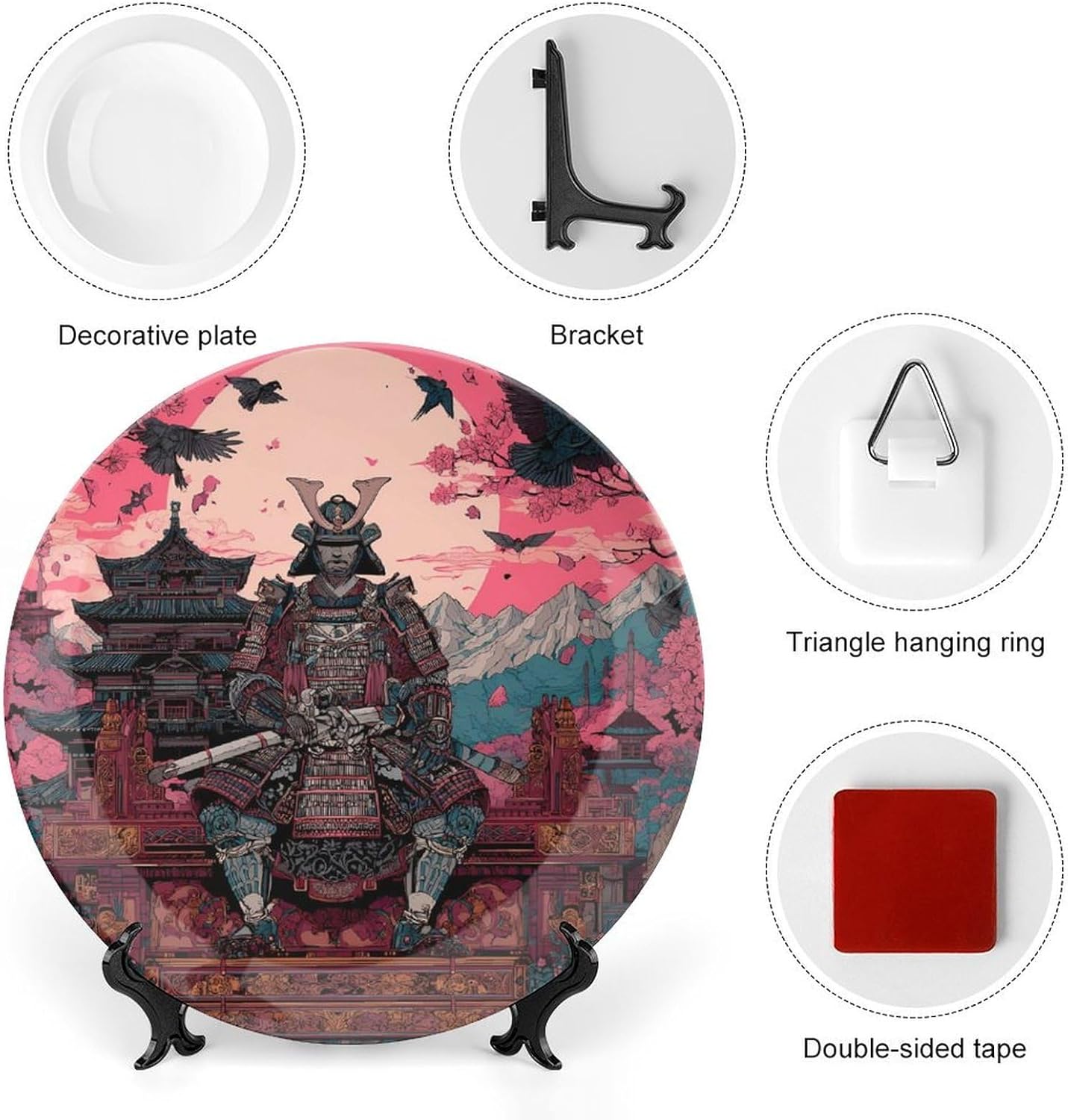 Japanese Samurai with Sword Armor Novelty Decorative Plate with Display Stand Ceramic Ornament Hanging Wall Decor