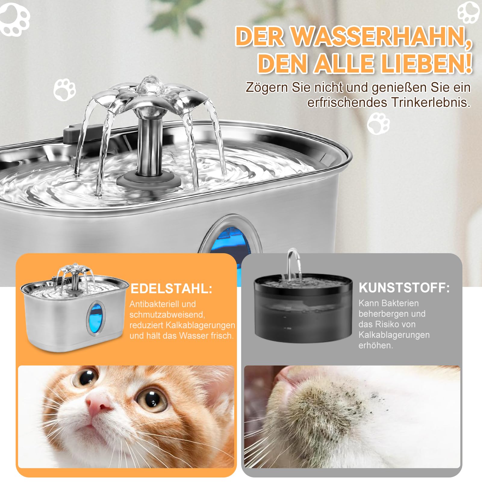 Katzentrinkbrunnen Trinkbrunnen für Katze mit 2 Filter 2 Schwamm | 3,2L, Ovales Sichtfenster, Leiser Betrieb, Edelstahl 304, mit USB-Anschluss, TY12