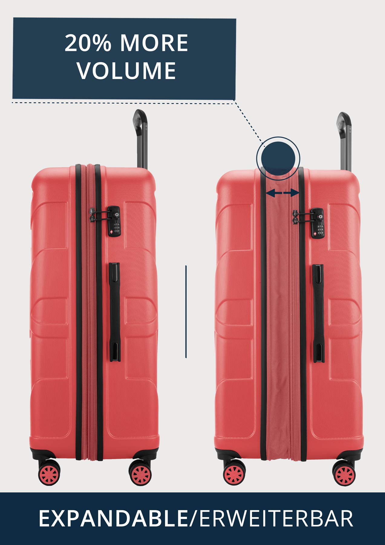 Suitline - Valigia Trolley espandible rigido grande ABS TSA 4 ruote, 76 cm, 110 litres, Corallo