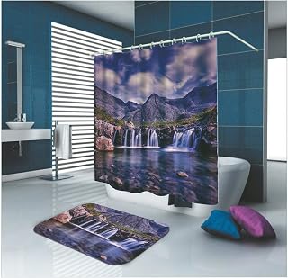 KnSam - Cortina de Ducha de poliéster y Alfombra de Suelo, diseño de Cascada, Color Lila, Morado, 165x200CM