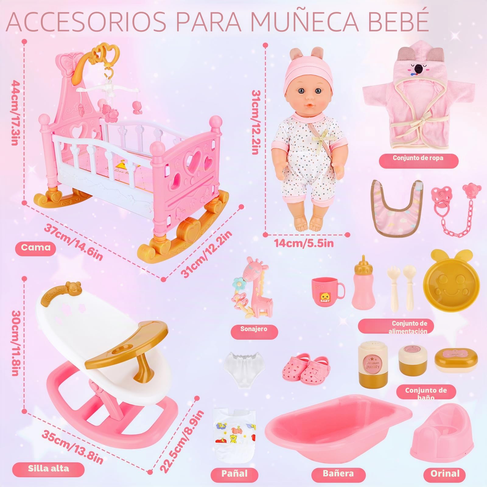 deAO 21Pcs Accesorios para Muñecas, Set de Juegos de rol para Niñas, Rosa